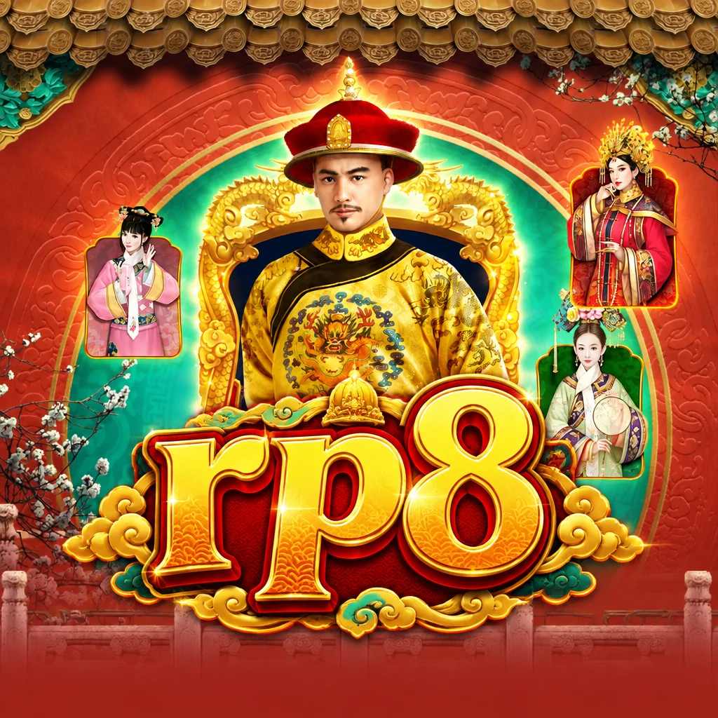 Logo rp8 berlatar kaisar dinasti dan tiga permaisuri dalam game Emperors Favour