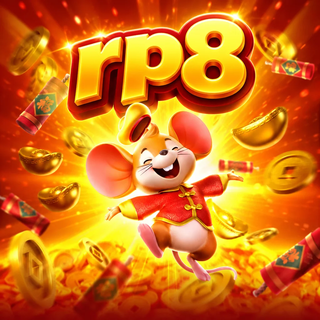 Logo rp8 dengan karakter tikus ceria berbusana tradisional di antara koin emas Fortune Mouse