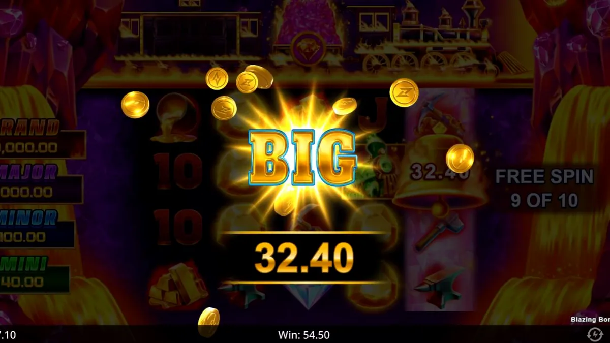 Blazing Bonanza Rush Express slot machine interface featuring mining theme