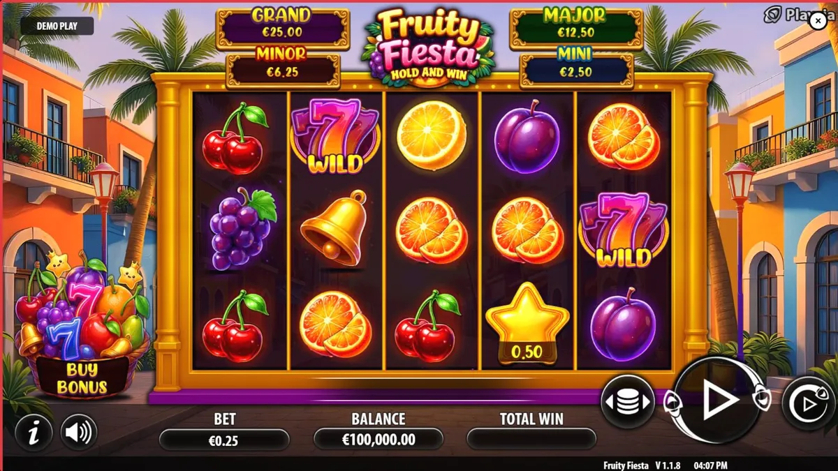 Tampilan visual slot Fruity Fiesta dengan simbol buah neon dan latar belakang karnaval yang cerah.