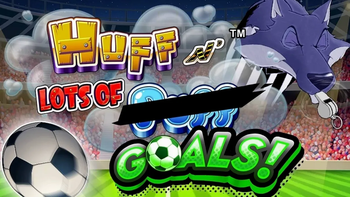 Tampilan visual slot Huff N’ Lots of Goals dengan tema sepak bola dan babi kecil.