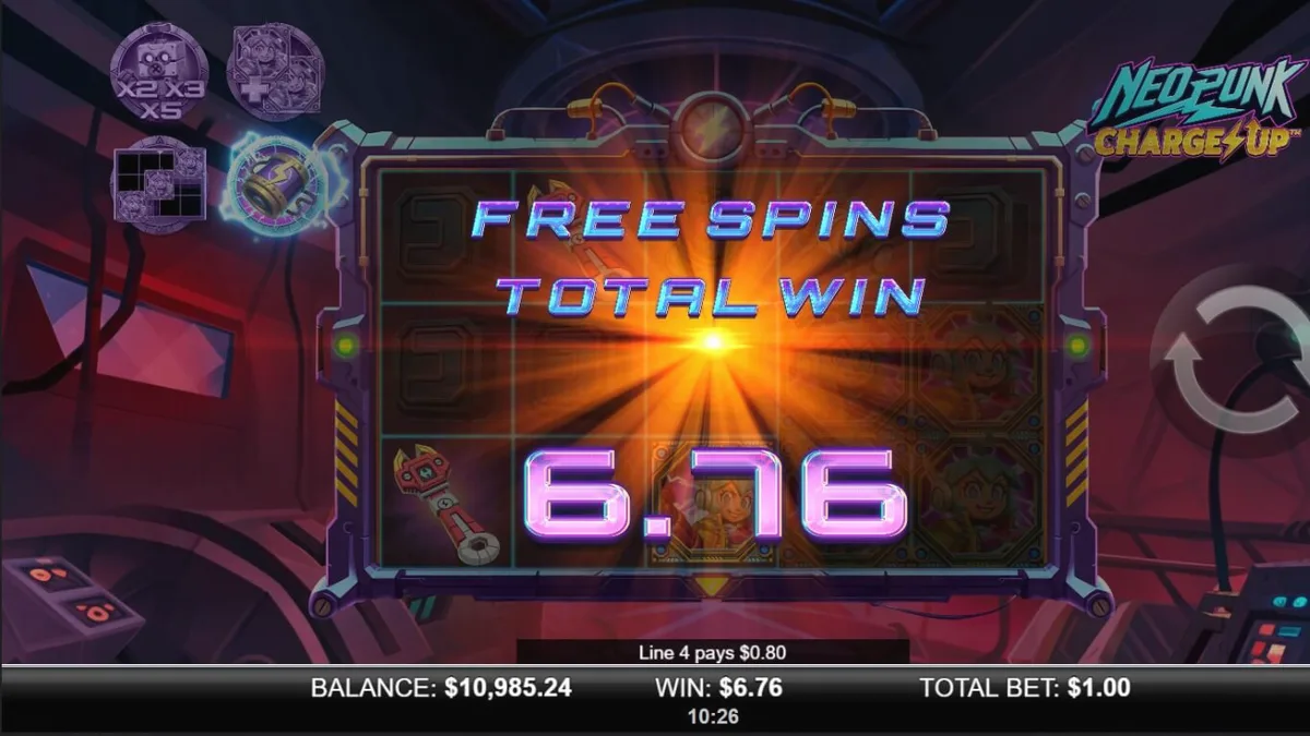Tampilan layar slot bertema cyberpunk NeoPunk Charge Up