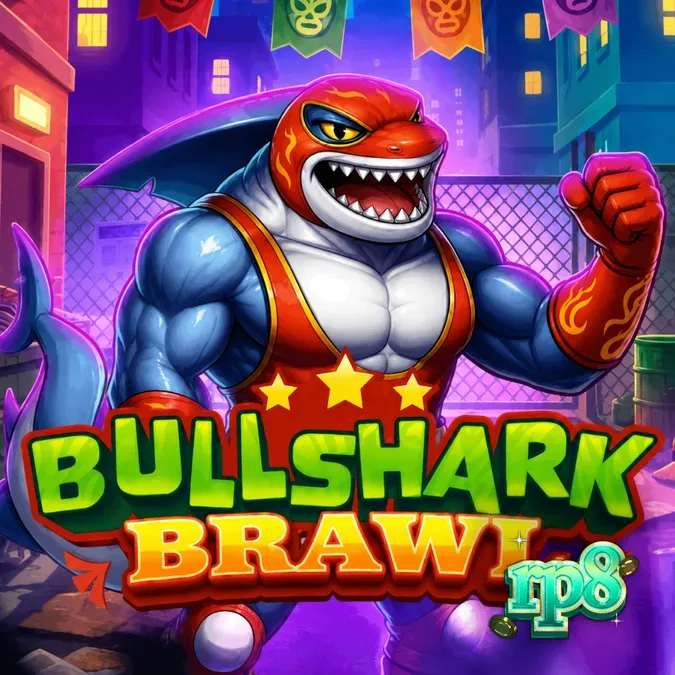 Tampilan visual slot Bullshark Brawl dengan karakter hiu luchador